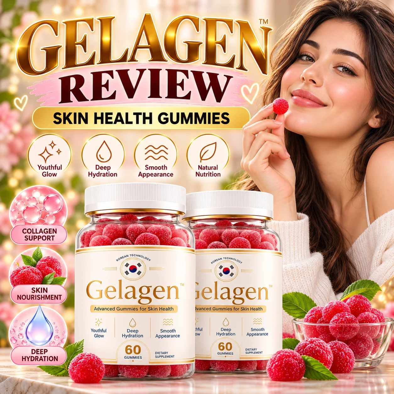 Gelagen gummies with raspberry flavor, two bottles shown