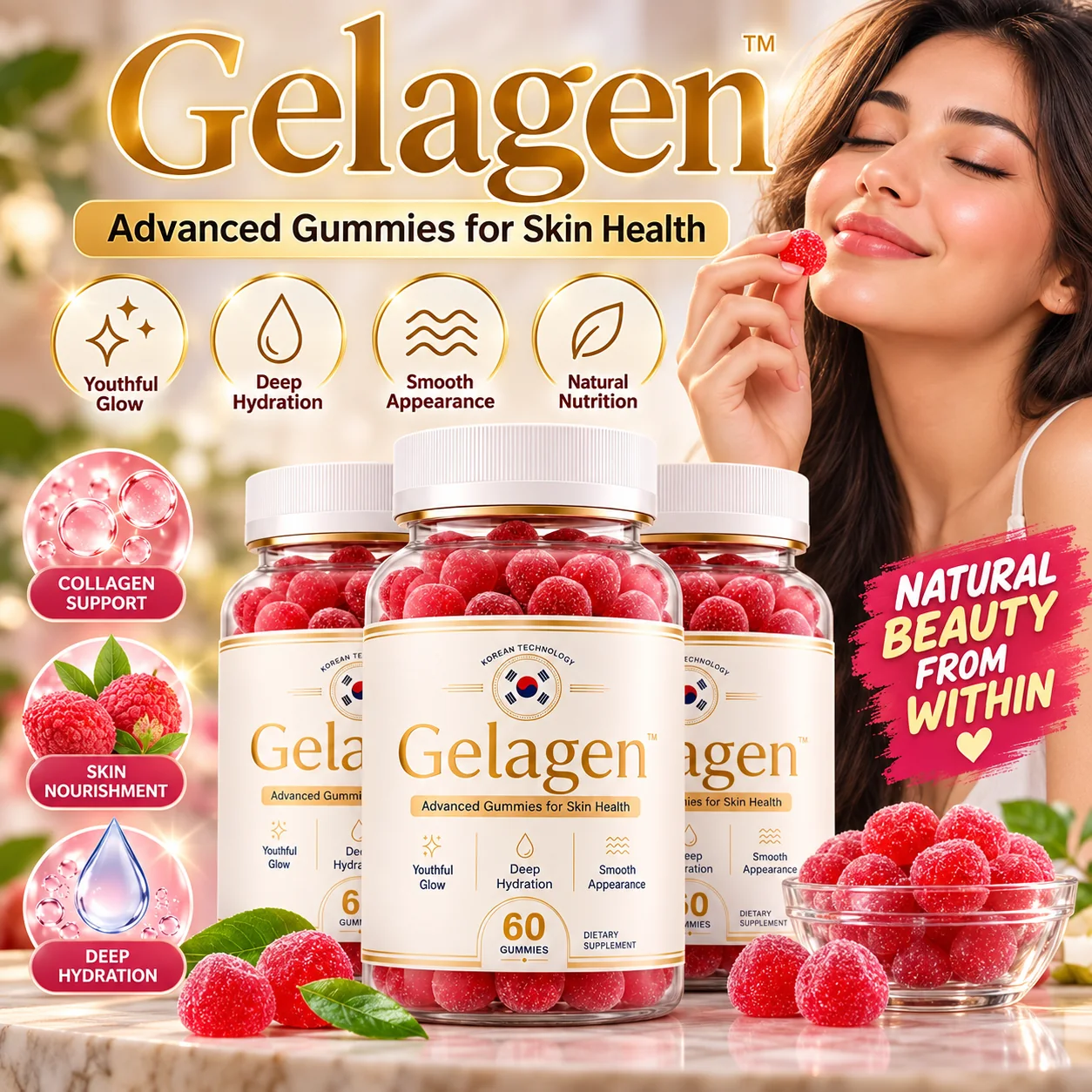 Gelagen advanced gummies for skin health, three bottles with raspberry gummies